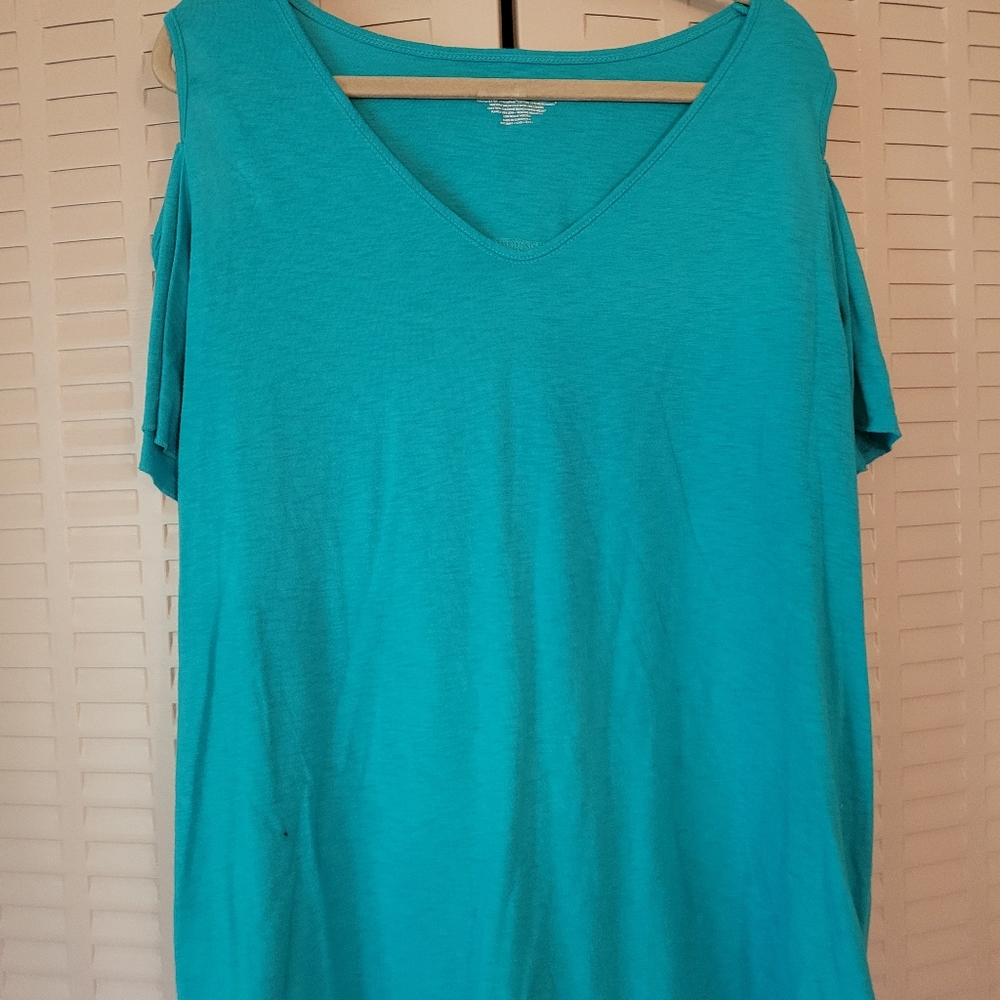 Short sleeve turquoise cold shoulder t shirt
